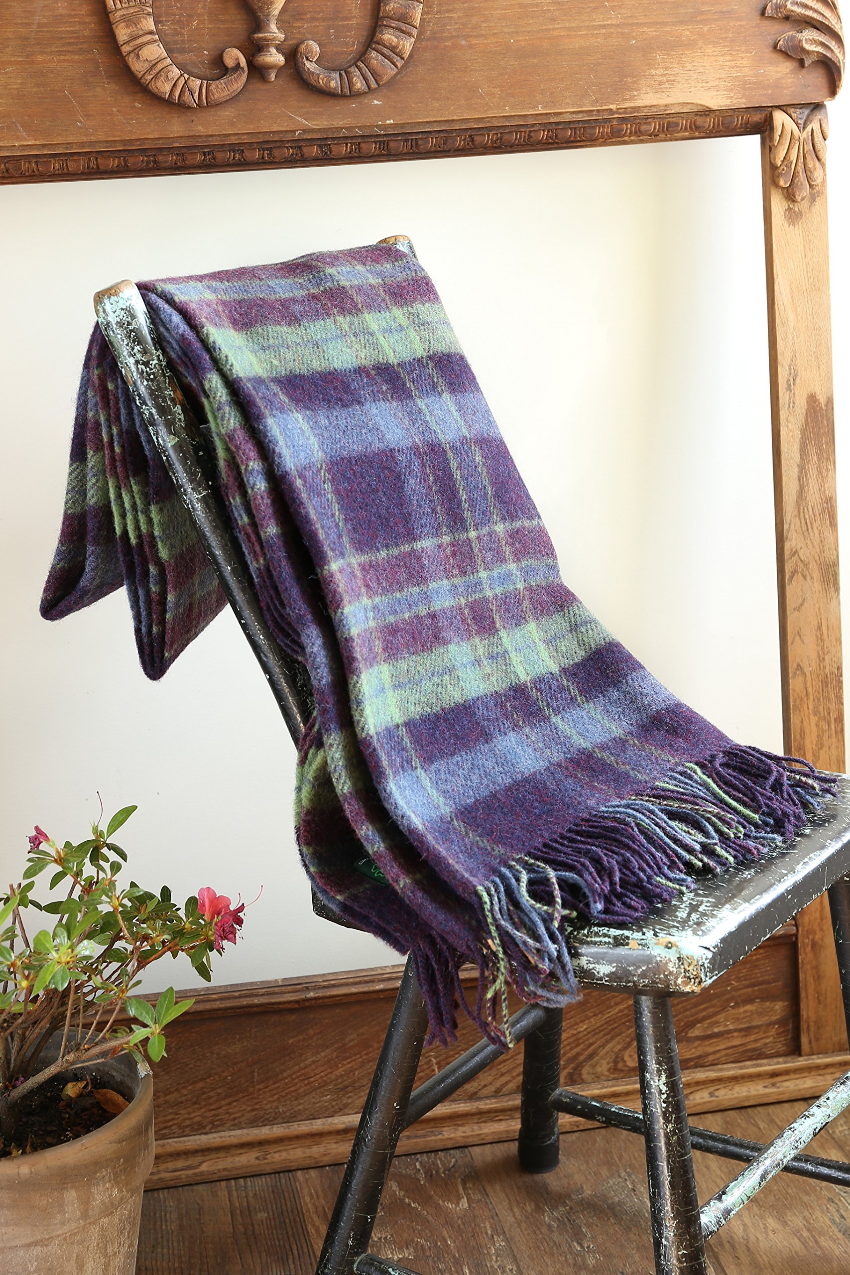 John Hanly Plaid Throw Blanket Wool 75" x 54” Purple Green Plaid Irish