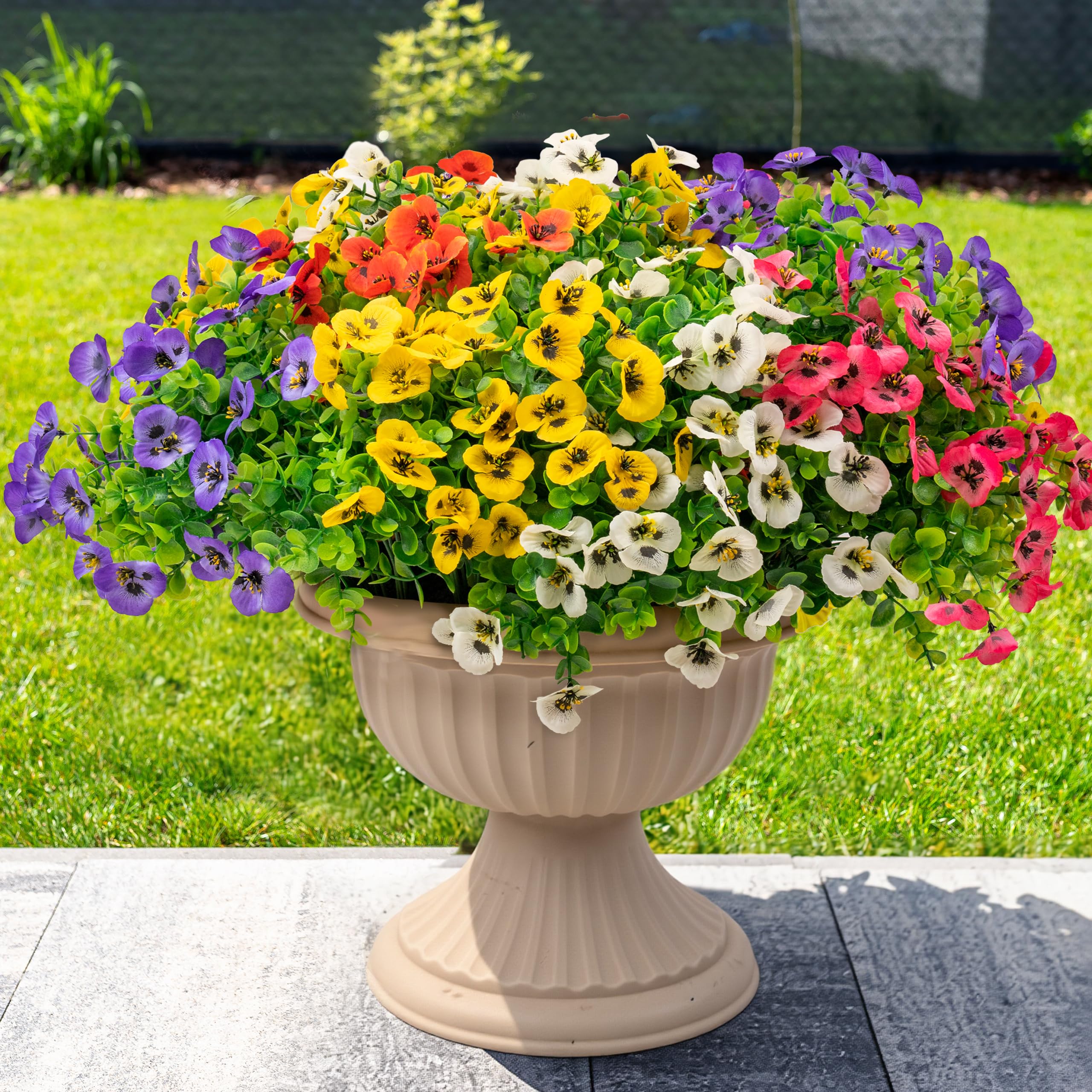 Photo 1 of 12 Bundles Artificial Fake Pansy Flowers for Outdoor - Yellow, White, Purple, Sunset red & deep pink Faux Pansies Flowers, Fake Flowers for Outdoor Planters, Porch, Garden, and Home Decoration