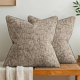 a moment Brown Reversible Pillow Covers 2 Pack - Farmhouse Chenille Throw Pillows, Neutral Textured Decorative Throw Pillow Covers with Border for Couch Sofa Bed (18x18 Inch, No Insert)