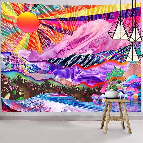 Hexagram Trippy Mountain Tapesetry Psychedelic Mushroom Tapestry Wall Hanging Hippie Colorful Nature Landscape Wall Tapestry for Bedroom Living Room Dorm Home Decoration