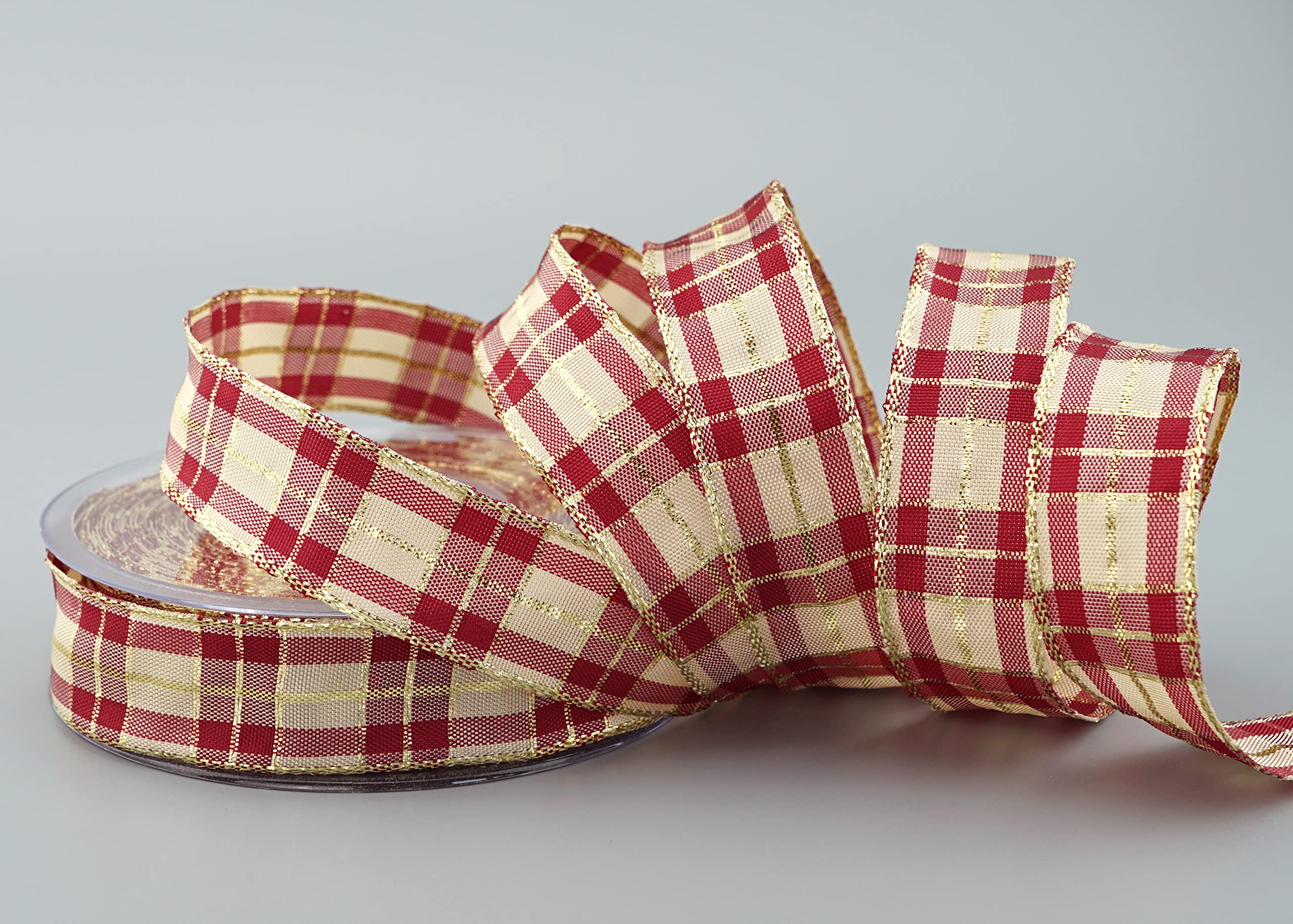 finemark 20 m x 25 mm chequered Christmas ribbon, burgundy, cream, gold (124) with lurex wire edge, decorative, gift, tartan, shiny, winter Christmas check — image 1