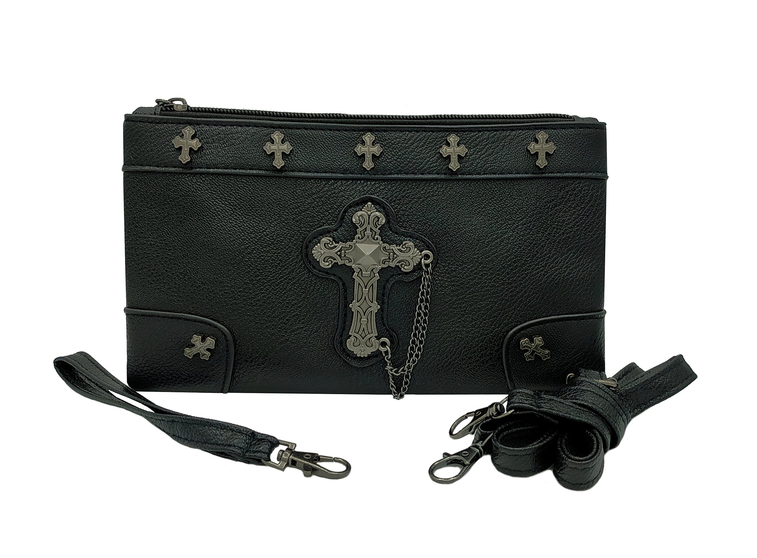 GOTHX Metal Cross Ladies Handbag Clutch Evening Handbag Backpack Rucksack Steam Punk Rock Goth School College PU Vegan Leather Bag