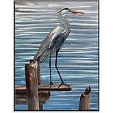 BATRENDY ARTS Heron Metal Wall Art Blue and Silver Coastal Bird Aluminum Painting Hand-crafted Animal Hanging Sculpture for B