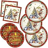 CC HOME Checkered Snowman Tree Birthday Paper Plates Napkins Winter Xmas Disposable Tableware Set Party Supplies Christmas Theme Dinnerware Serves 24 Guests for Audlts Kids Baby Shower Birthday 88PCS