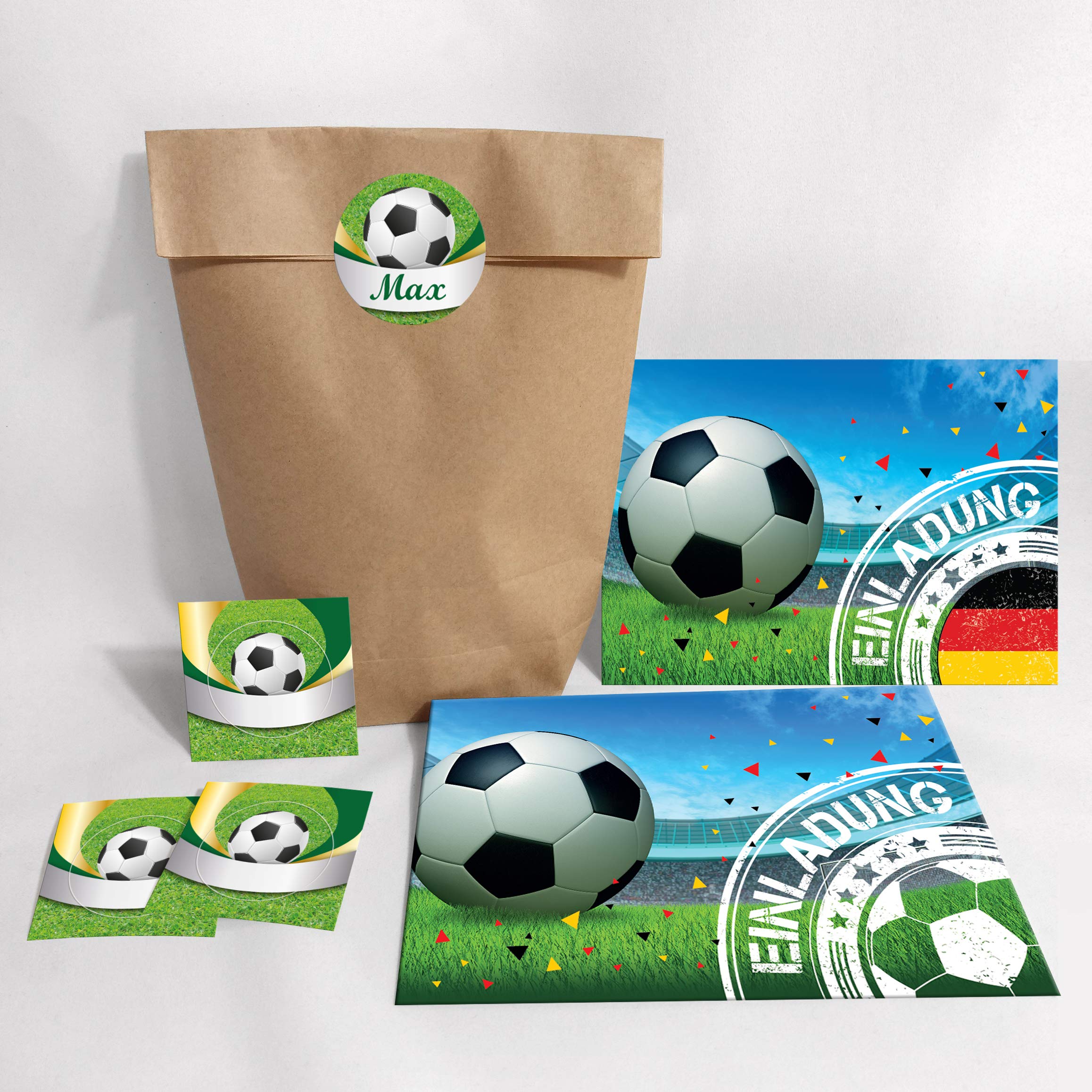 JuNa-Experten Set of 12 Invitation Cards, Envelopes, Bags, Stickers Children's Birthday Boys Football Birthday Invitations Birthday Party Card Set