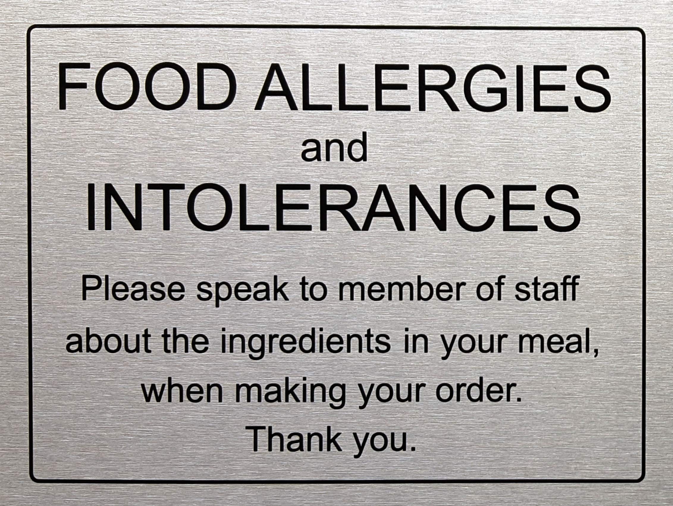 Food Allergy and Intolerances Safety Notice Sign Aluminium Adhesive (20cm x 15cm Brushed Silver)