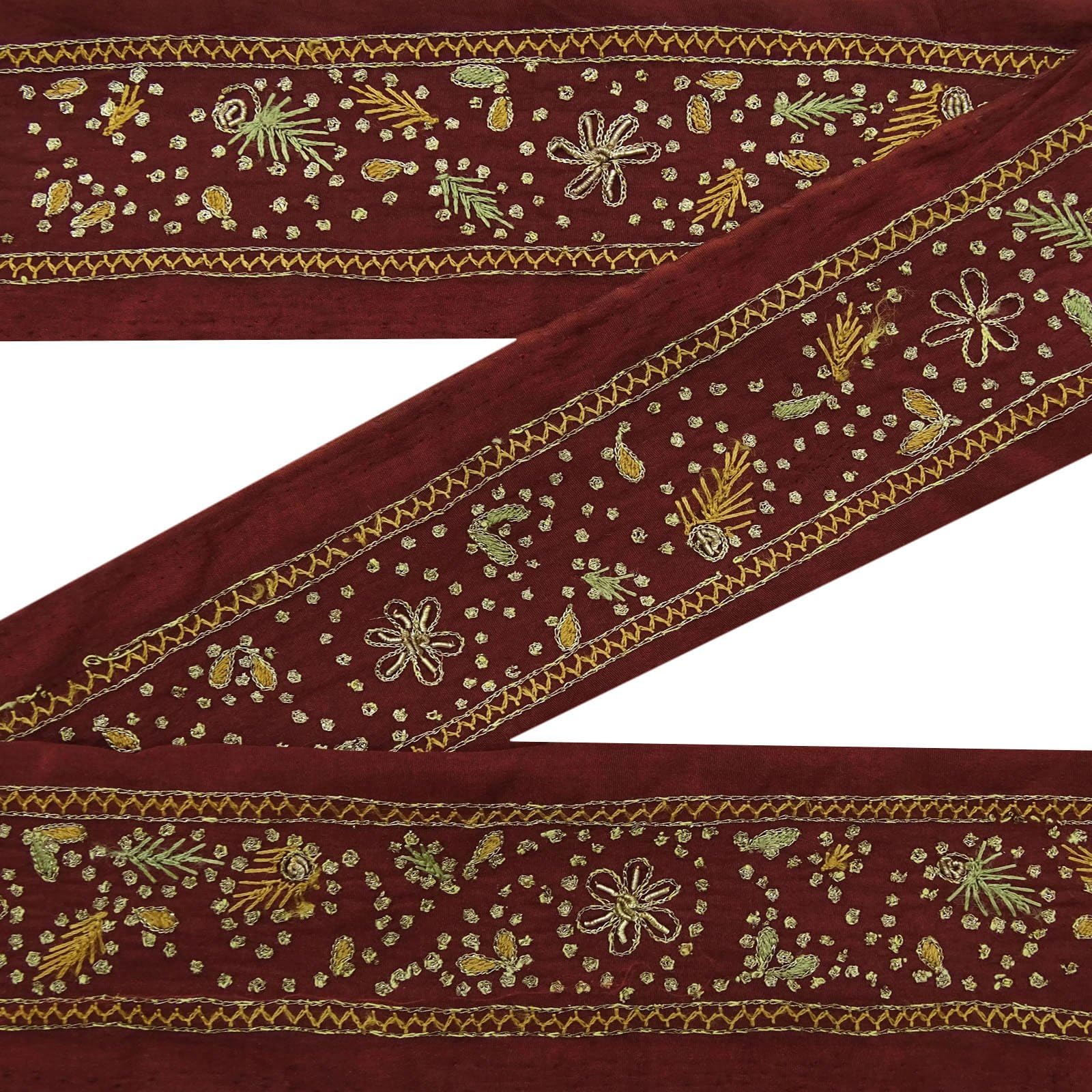 Indian Vintage Used Lace Sari Border Maroon Embroidered Ribbon Sewing Trim 1Yd