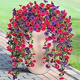 Artificial Hanging Flowers for Outdoor, 2pcs Fake Plants Long Vine Morning Glory Eucalyptus, Spring Summer UV Resistant Realistic Faux Greenery Indoor Outside Patio Porch Garden Decor, Hot Pink Purple