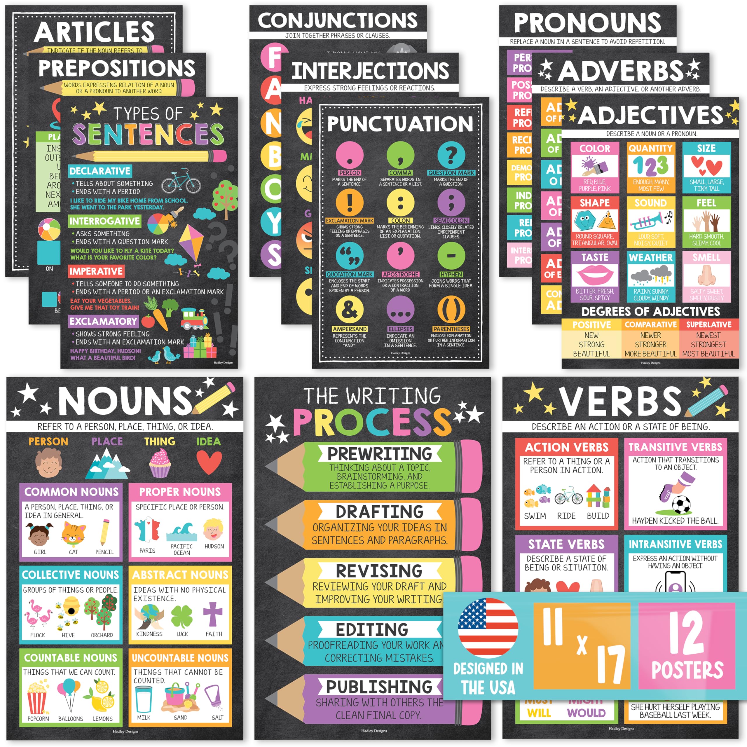 Hadley Designs 12 Chalkboard Parts of Speech Posters for Elementary Classroom - Grammar Posters for Language Arts