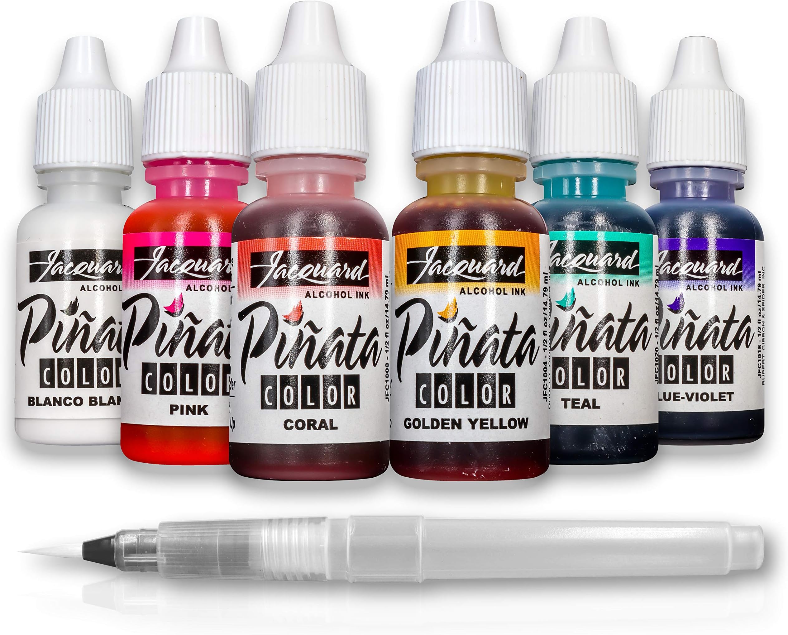 Jacquard Alcohol Inks Set - Vibrant Pinata Colors - Alcohol Ink for Resin - Beautiful Colors On Almost Any Hard Surface - Set of 6 Bundled with Moshify Blending Pen (7 Items)