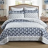 AJOCCI Quilt Bedding Set Queen Size, Cotton Comforters Set Queen Size,Navy Blue Grey Quilts Bedspread for The Bed, Farmhouse Lightweight Bedding (90 * 98 Inch) and 2 Pillow Shams All Season