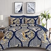 Anibedding Navy Blue Gold Comforter Set King Size, 7 Pieces Bohemian Damask Bed in a Bag Soft Lightweight Microfiber Bedding Set for All Season (104"x90")