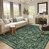 LIVEBOX Washable 8x10 Area Rug, Large Dark Green Rug for Living Room, Soft Vintage Floral Boho Rug for Bedroom, Non-Slip Non-Shedding Ultra-Thin Area Rug for Dining Room, Home Office, Dark Green
