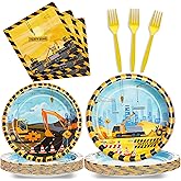 96 Pcs Construction Birthday Party Plates Napkins Forks Supplies Tableware Set Disposable Table Dump Truck Theme Decoration for Boys/Kids Birthday Party, Serves 24 Guests
