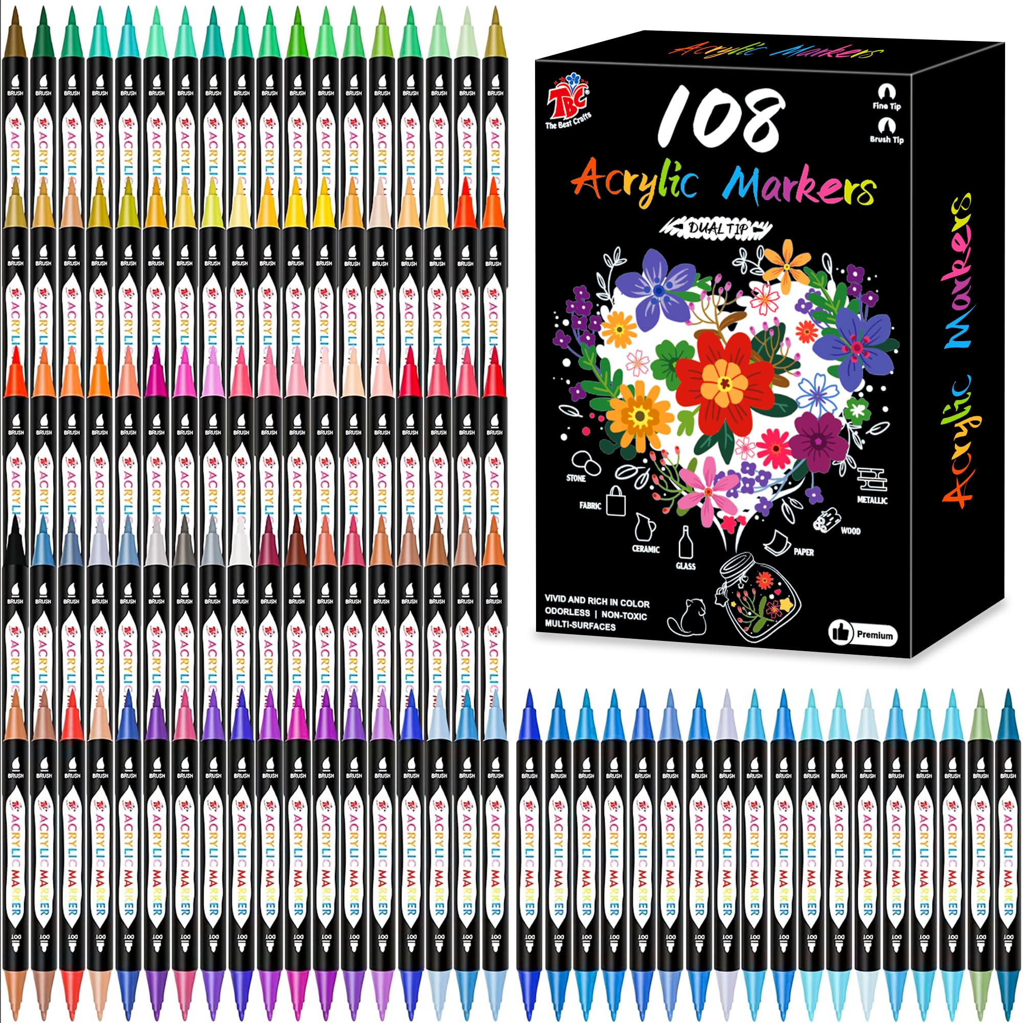TBC The Best Crafts 108 Colors Dual Tip Acrylic Paint Markers,Waterproof, Non-Toxic, odorless, Suitable for Paper, Pottery, Stones, Backpacks, Glass (108 Colors) Image