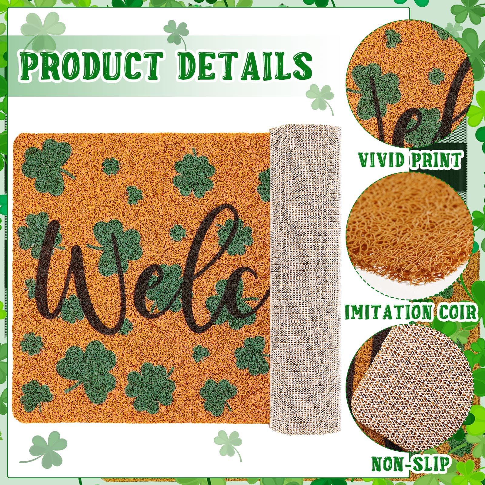 Timgle St. Patrick's Day Doormat Set Include 2 Black and White Cotton Buffalo Plaid Check Rug Non Slip Imitation Coir Welcome Shamrock Doormat and 1 Shamrock Wreath with Bow for Home Indoor Front Door - Image 3