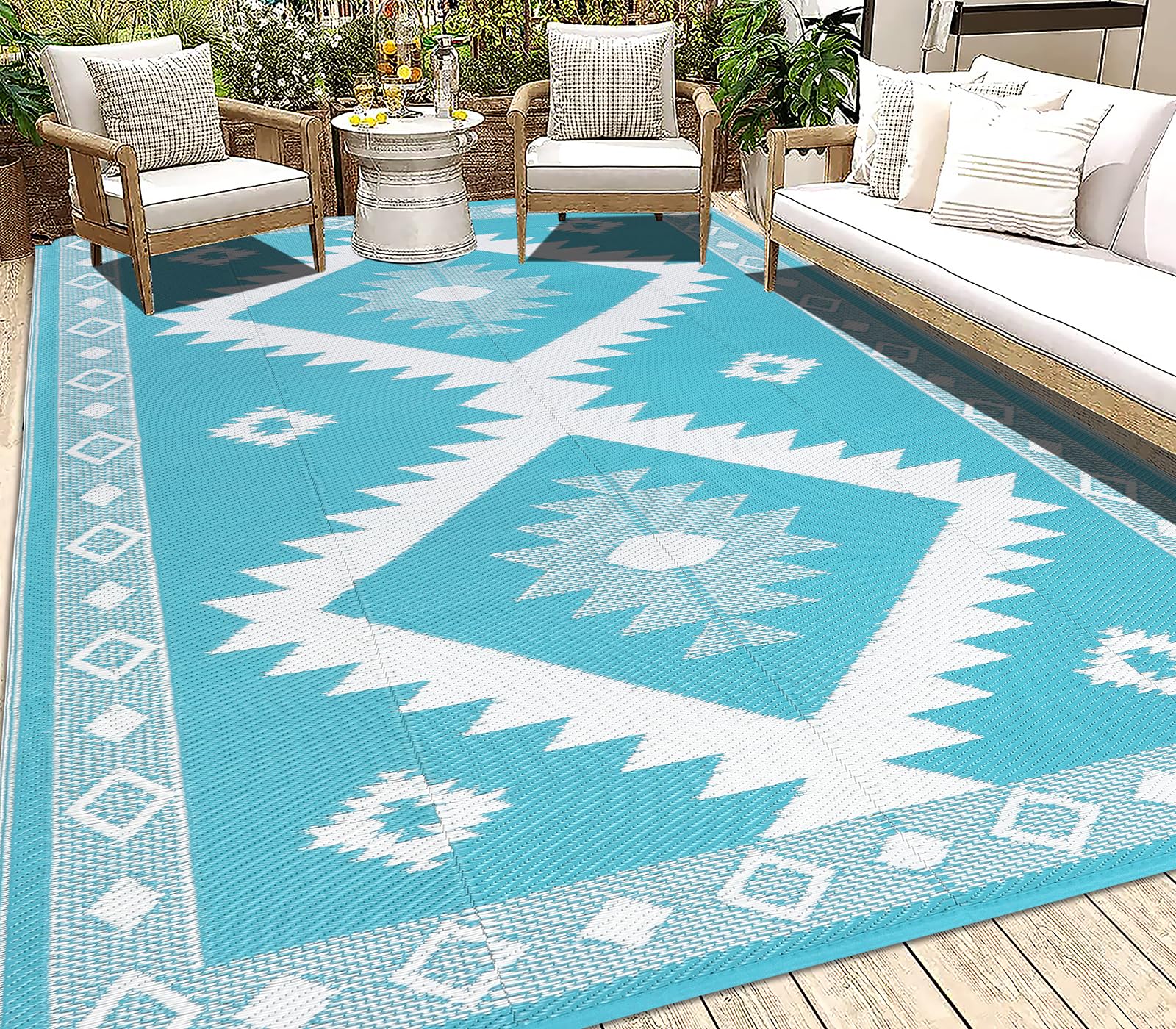 Photo 1 of HEBE Outdoor Rug 6'x9' Waterproof for Patios Clearance, Reversible Plastic Straw Rug Camping Carpet, Indoor Outdoor Area Rugs Patio Mats for RV,Picnic,Backyard,Deck,Balcony,Porch