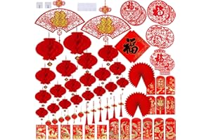 Supla 82 Pcs Chinese New Year Decorations Chinese Hanging Good Luck Ornaments Red Lanterns Festive Tree Ornaments Paper Fans for Asian Chinese Lunar New Year 2025 Year of The Snake Party Decor