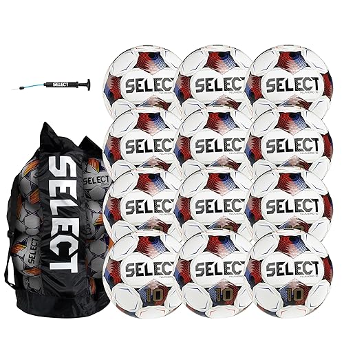 SELECT Numero 10 Soccer Ball, 12-Ball Pack with Duffle Ball Bag and Hand Pump, White/Blue/Red V25, Size 5
