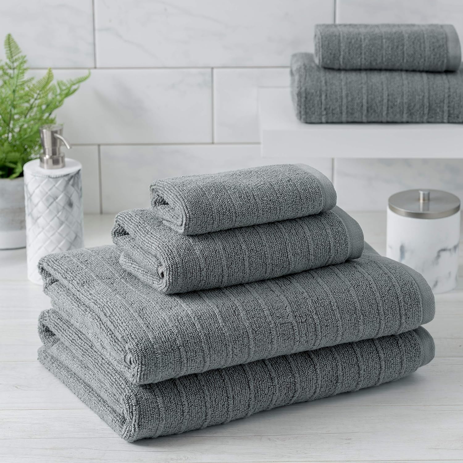 Welhome James 100 Cotton Textured Towel (Grey) Set of 6 Light Weight Low Twist Fiber