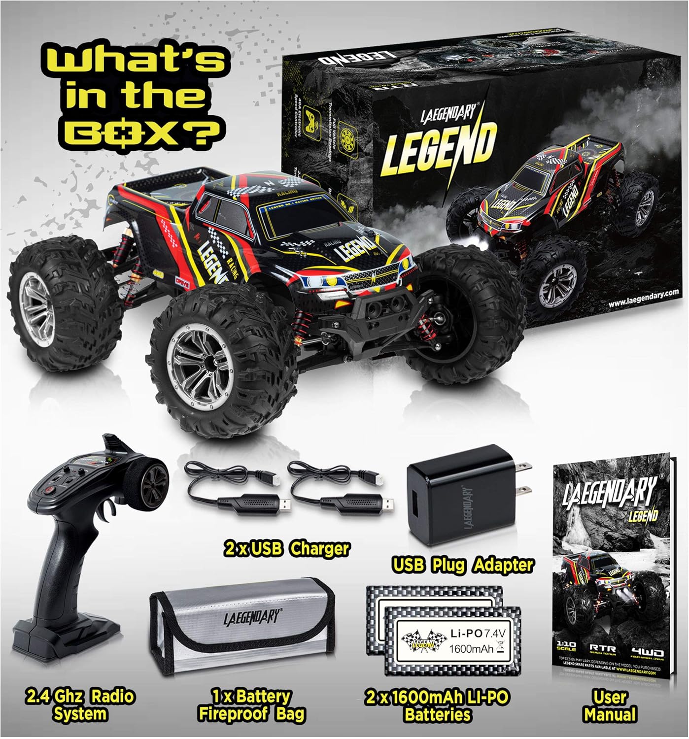 1:10 Scale Large RC Cars 48+ kmh Speed - Boys Remote Control Car 4x4 Off Road Monster Truck Electric - All Terrain Waterproof Toys Trucks for Kids and Adults - 2 Batteries + Connector for 40+ Min Play: Toys & Games
