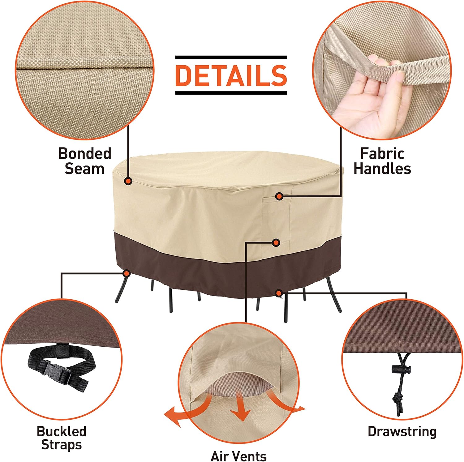 Arcedo Patio Furniture Set Cover, Outdoor Round Table and Chair Cover, Heavy Duty Waterproof Lawn Dining Table Cover with Buckled Strap, Dustproof and Sunproof, 84" Dia, Beige & Brown : Garden & Outdoor