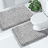 Yimobra Bathroom Rugs Sets 2 Piece, Soft Absorbent Bath Mat and U-Shaped Toilet Rug with Non Slip Backing, Machine Washable, Plush Shaggy Bath Mats for Bathroom, 32"x20"+24"x20", Light Gray and White