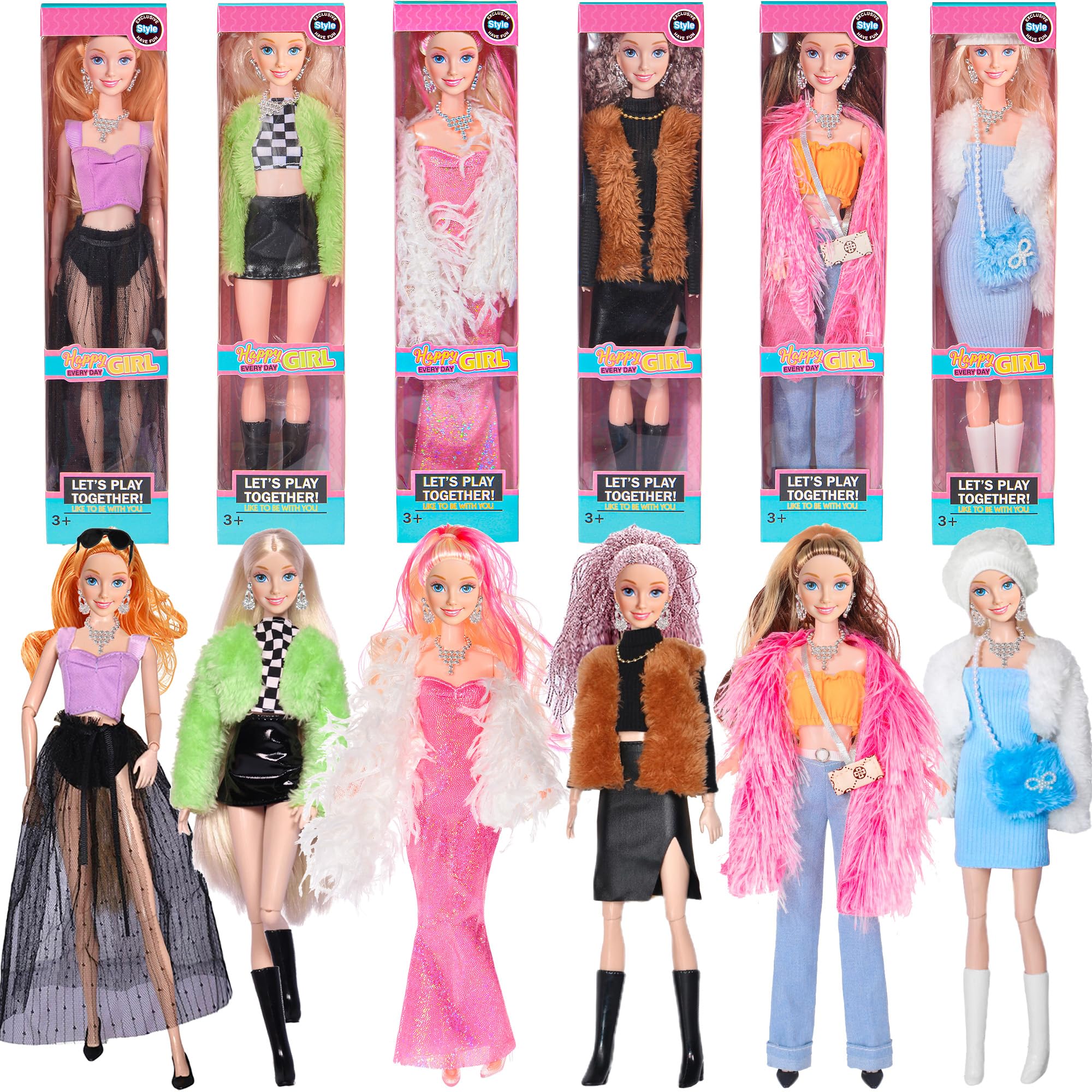 dollbie Unique Style 6 Pack 11.5 inch Prinecess Dolls American Toy Playset with Fashion Dress Outfits and Accessories Like Glasses Handbag Hat Crown Necklace (Gift Box Package)
