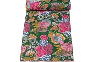 Marubhumi Indian Handmade Stitched Pure Cotton Fruit Print Kantha Quilt, Reversible Kantha Quilt (Green, King (108"x 108"))
