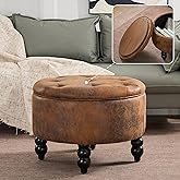 FOREDO 24 Inch PU Leather Round Ottoman with Storage, Upholstered Button Tufted Ottoman Coffee Table with Removeable Top, Foo