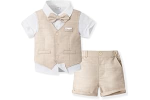 Volunboy Baby Boys Summer Suits Short Sleeve Wedding Ring Bearer Outfits 4Pcs Graduation Dress Vest Shirt Bowtie Shorts Set