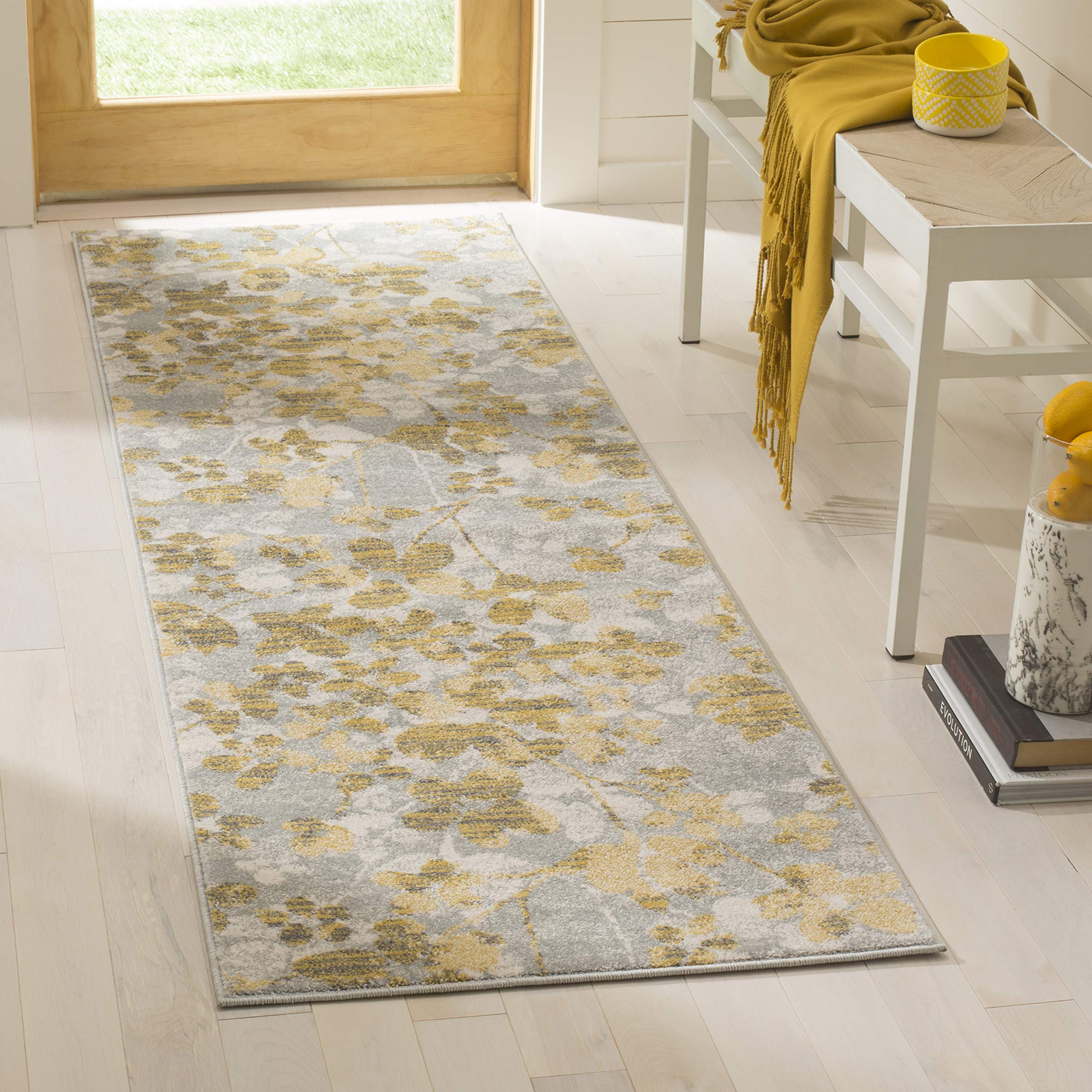 SAFAVIEH Evoke Collection 2'2" x 9' Grey / Gold EVK236P Floral Non-Shedding Living Room Entryway Foyer Hallway Bedroom Runner Rug Image