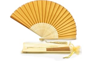 FANSOF.FANS Fabric Folding Hand Fan with Tassel - Grade A Bamboo Ribs for Women (Dark Gold Yellow)