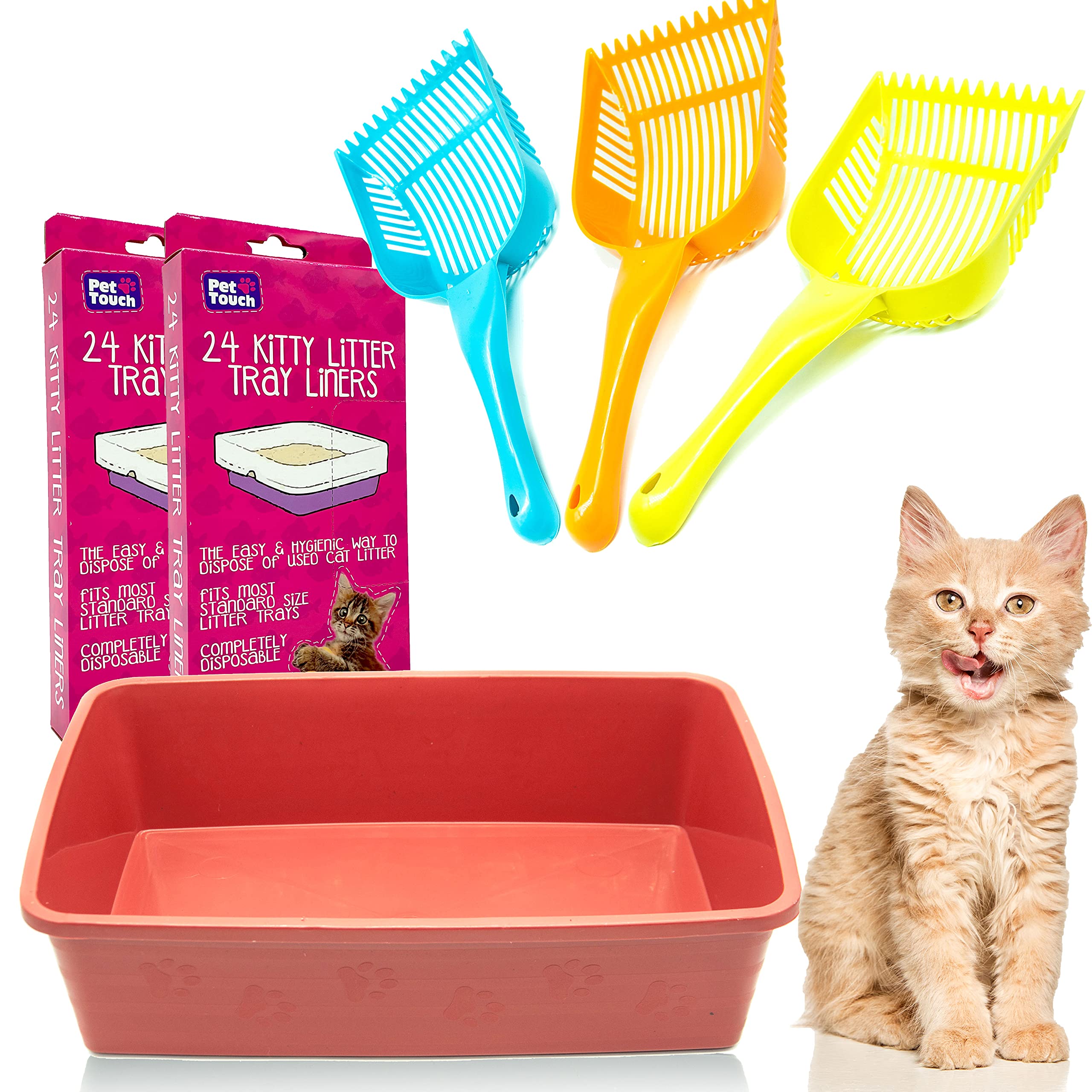 Kitty Cat Essentials [Set of 3] CAT LITTER TRAY with 48 Kitty Cat Litter TRAYS LINERS and CAT LITTER SCOOP Assorted Bundle for Cat Litter Disposal (Brick Red (48 Liners))