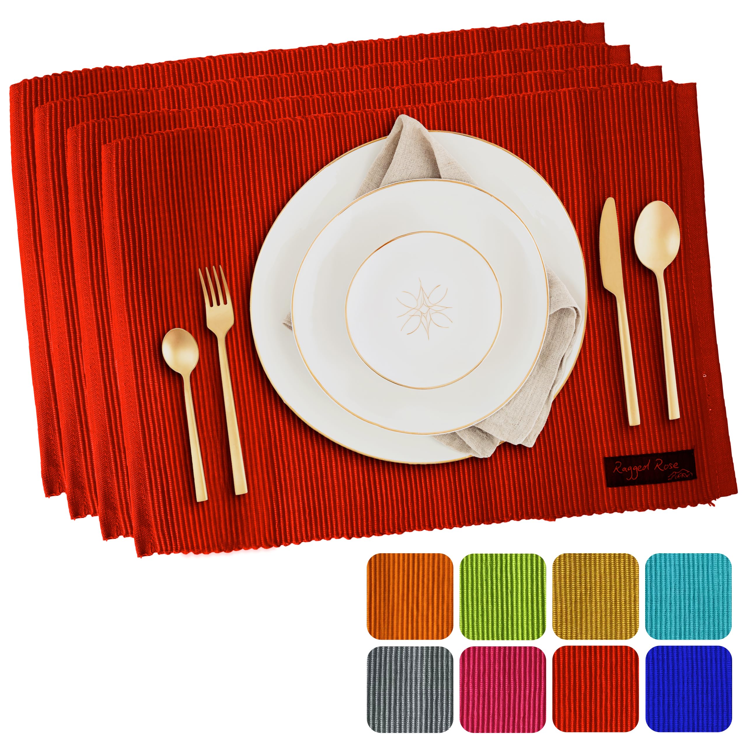 Ragged Rose Set of 4 Cotton Placemats - 27x37 cm Gift-Wrapped Table Place Mats - Ribbed Cotton Indoor & Outdoor Placemats for Living Room, Dining Table, & Kitchen