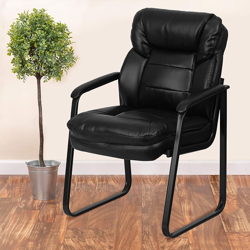 GO-1156-BK-LEA-GG Side Chair exécutif en Cuir Noir avec Sled Base de
