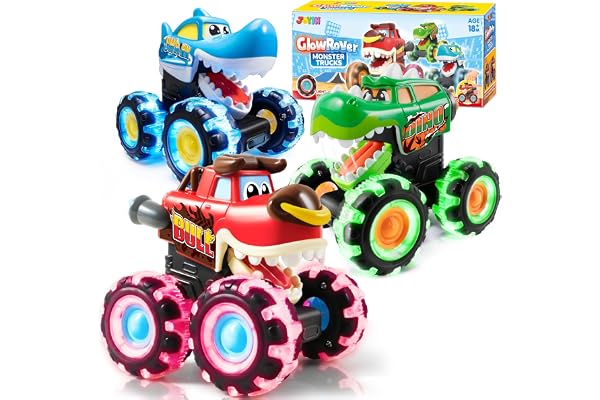 JOYIN 3 Pack Monster Truck Toy - Motion Activated Light Up Cars for Kids - Monster Glow Rover LED Wheels - Kids Boy Toys - Pr