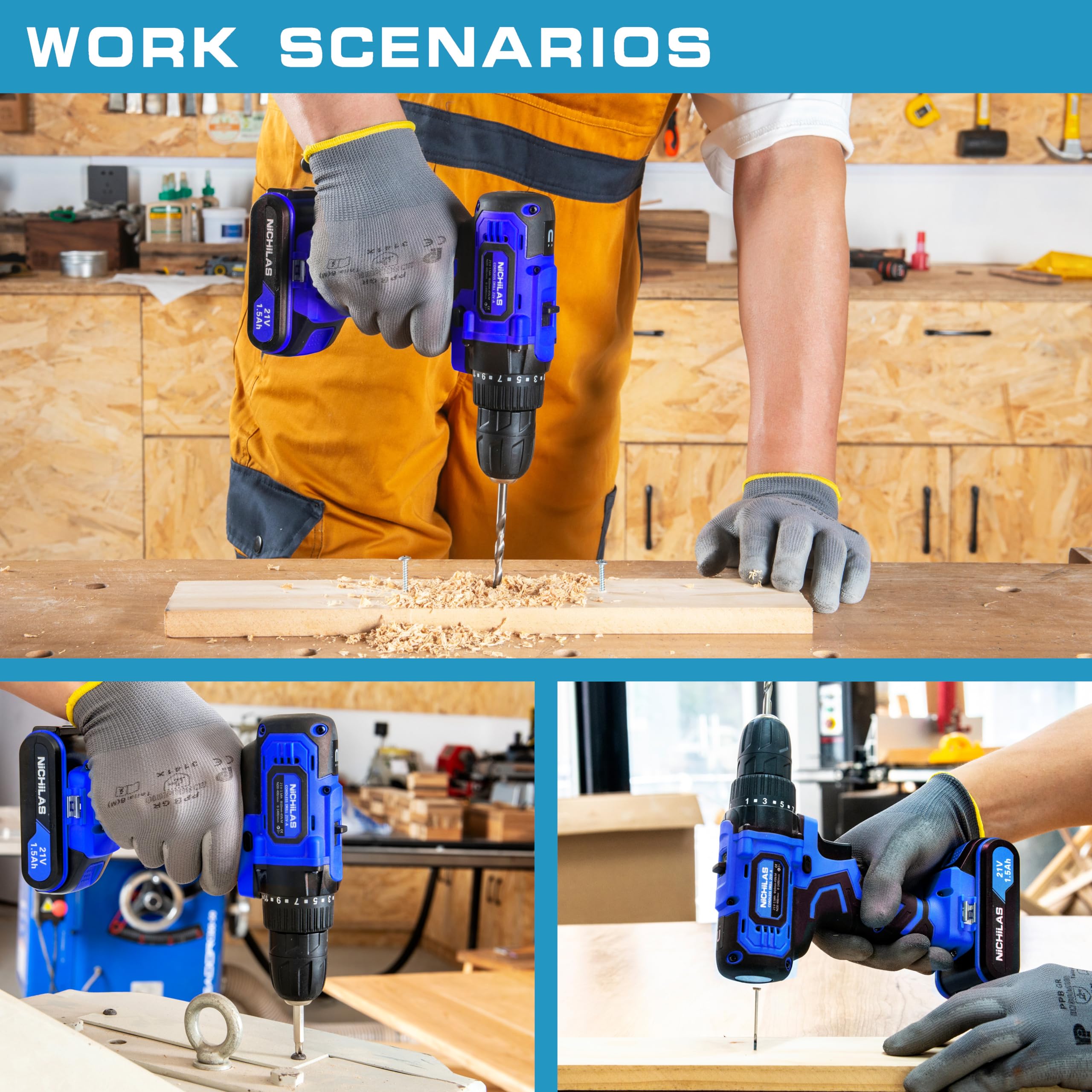 Nichilas Cordless Drill, 21V Power Screwdriver 2 Variable Speed 3/8” Keyless Chuck, 2 X 1500mAh Batteries and Charger for assembling, repairing and DIY