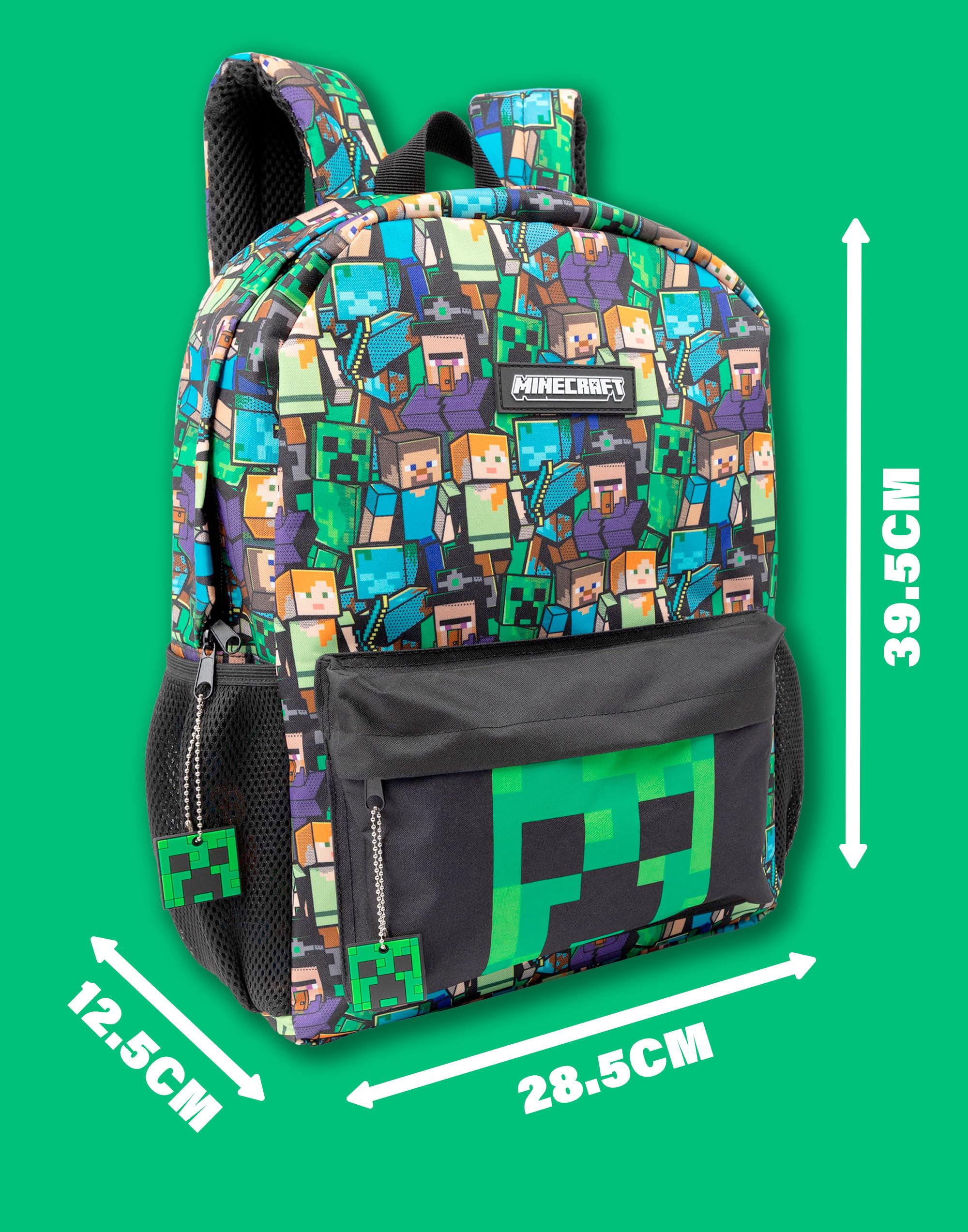 Minecraft Backpack For Boys | Kids Gamer Black School Rucksack | Green Creeper Zombie Skeleton Enderman & Cave Spider