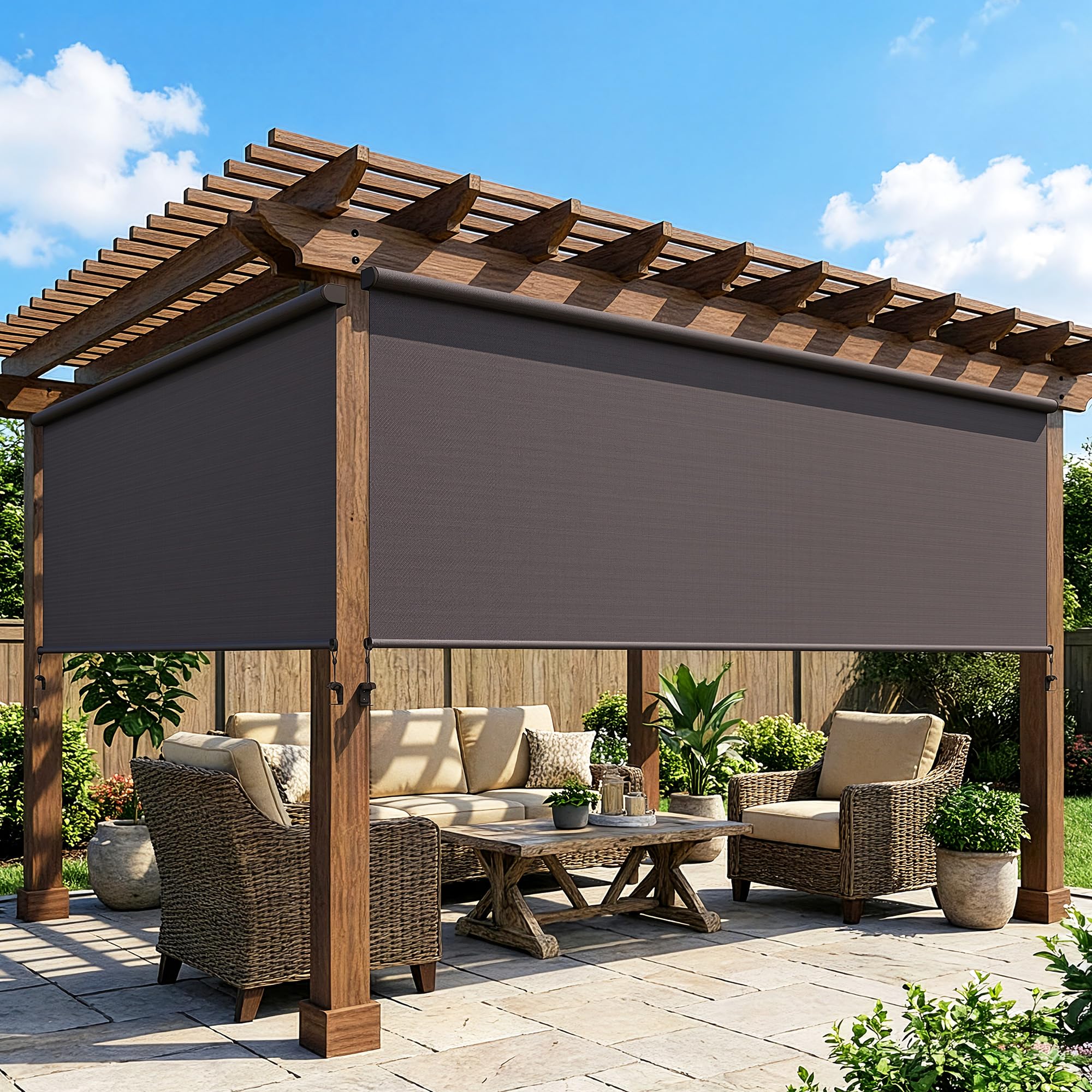 Photo 1 of **MAJOR DAMAGE**
Outdoor Roller Shades for Patio with New Operation Mode (with Pull Rod-No Need Crank), Upgraded Materials Patio Shades Roller Up Outdoor with 95% UV Protection, Outdoor Blinds for Patio Proch