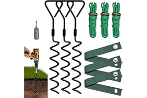 VASGOR Heavy Duty 16” Tree Stakes and Supports for Young Trees, Set of 3 Tree Stake Kit with 3 Straps for Staking and 39 Feet Rope, Can be Used with Drill (Adapter Included) (Black - Set 3)