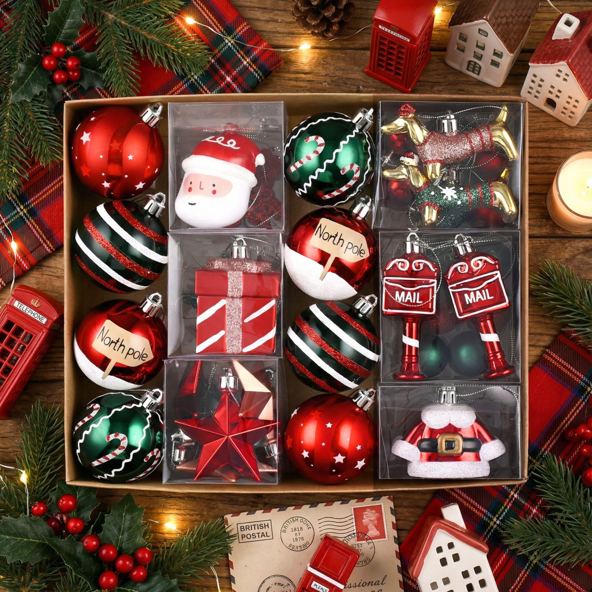 Valery Madelyn Christmas Tree Decorations 40pcs, Green Red and White Christmas Baubles Set Shatterproof Ball Ornaments for Tree