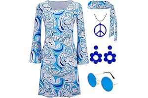 CORESPE Hippie Costume for Women 60s 70s Disco Dress Outfits Peace Sign Necklace Earrings Sunglass Accessories Set