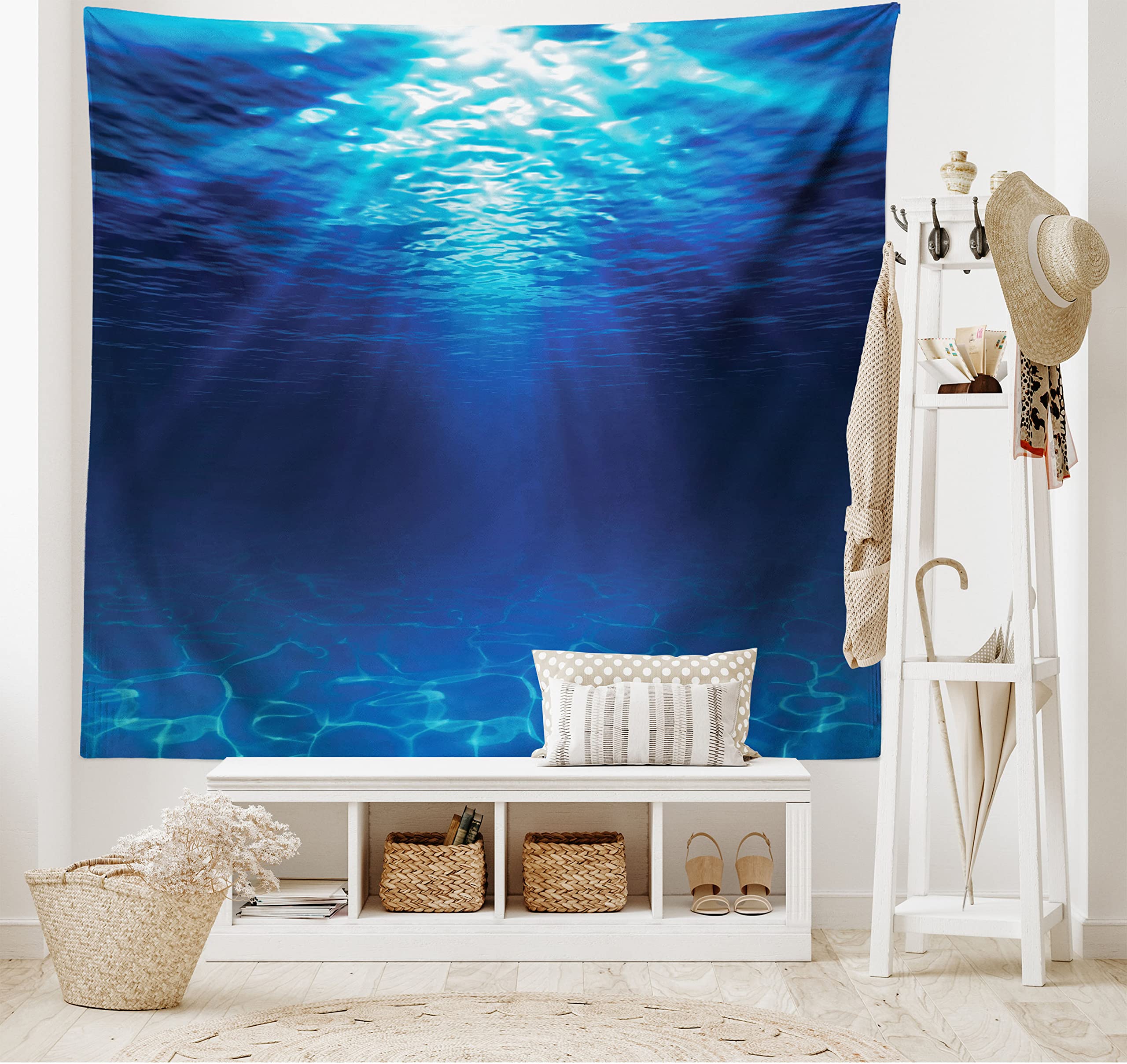 ABAKUHAUS Ocean Tapestry, Underwater View Sandy Seabed Aquatic Scenes Sunbeams Nature Picture Print, Fabric Wall Hanging Decor for Bedroom Living Room Dorm, 90 W X 54 L, Navy Blue Aqua