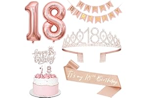 FESCIORY 18th Birthday Decorations for Girls, Including 18th Tiara and Sash, Happy Birthday Banner, Cake Toppers, Number Candles and Balloons Set, Rose Gold