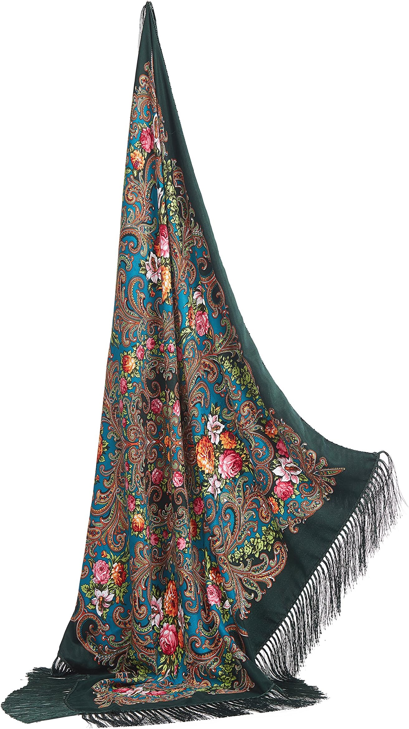 Ladies Floral Shawl With Tassels Ukrainian Polish Russian Head Scarf 43" x 43"
