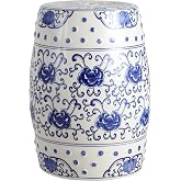 JONATHAN Y Lotus Flower Chinoiserie Ceramic Drum Stool 17.75", Blue/White | Indoor Outdoor, Traditional Floral Side Table, Plant Stand For Patio, Living Room, Bohemian Style, Spill-Proof Glaze