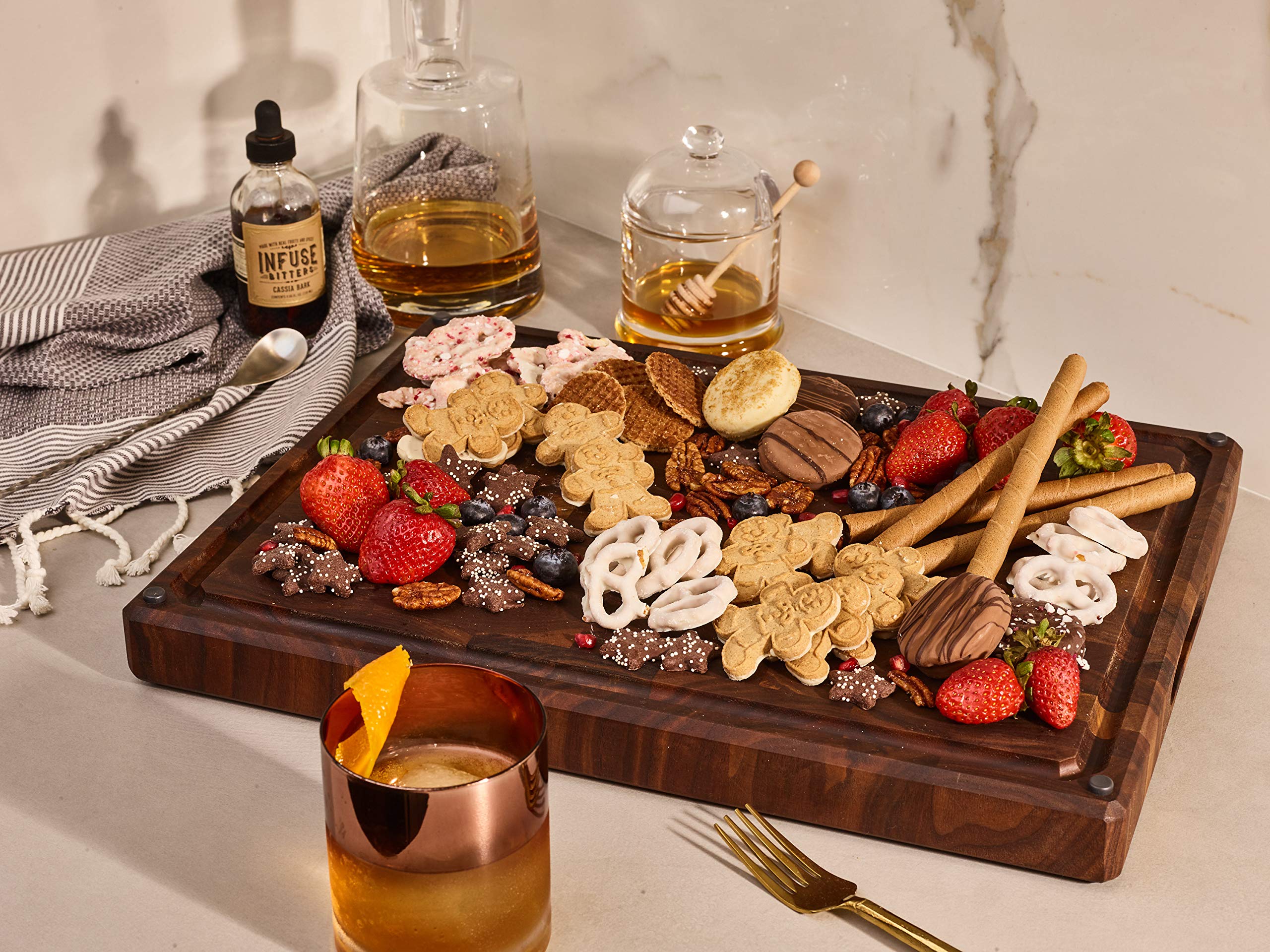 Sonder Los Angeles Alfred Cutting Board Made in USA | Black Walnut End Grain Cutting Board with Non-Slip Feet, Juice Groove, Sorting Compartments | Gift Box Included | 17x13x1.5 in