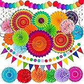 35PCS Fiesta Paper Fan Party Decorations Set - Cinco De Mayo Pom Poms,Pre-assembled Pennant,Garland String,Banner,Hanging Swirls Hispanic Heritage Month Decor Supplies,Multicolored