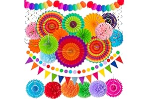 MOON BOAT 35PCS Fiesta Paper Fan Party Decorations Set - Cinco De Mayo Pom Poms,Pennant,Garland String,Banner,Hanging Swirls Hispanic Heritage Month Decor Supplies,Multicolored